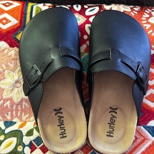 Hurley Black Slip-On Buckle Clogs with Tan Footbed
